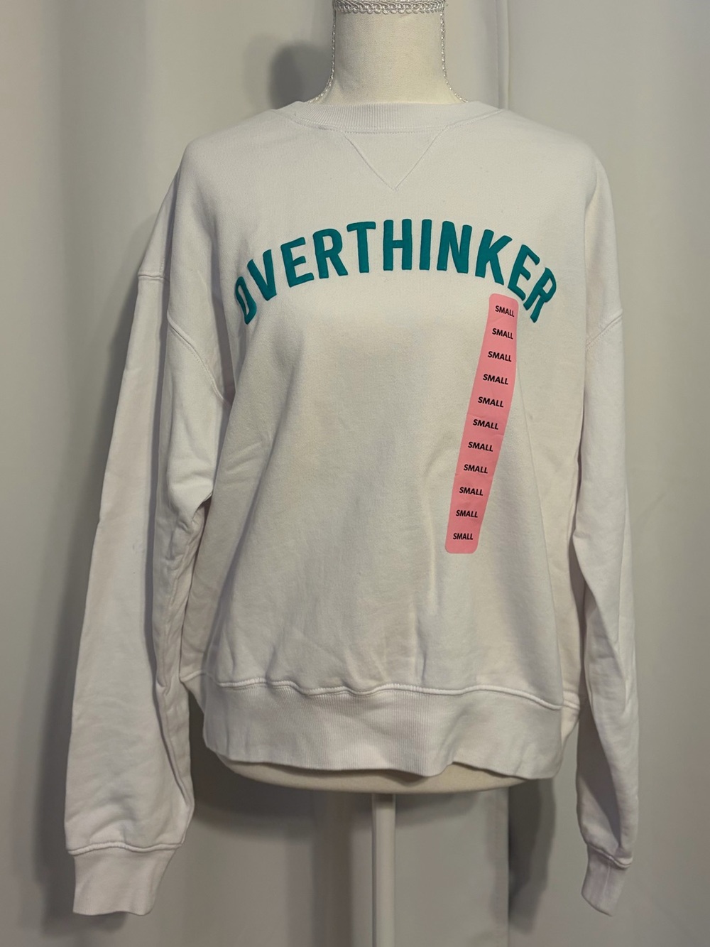 Wildfox White Crewneck Sweatshirt with Teal 'OVERTHINKER' Graphic